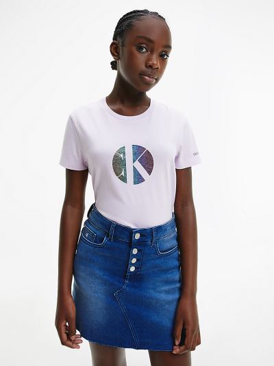 Calvin Klein Ruhák HU699286 | Calvin Klein Organic Cotton Iridescent Logo Lány Póló Levendula / Rózs